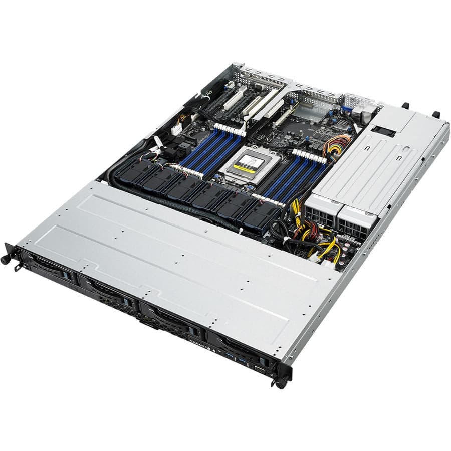 ASUS RS500A-E9-RS4-U rack server with AMD EPYC SP3 support, DDR4 DIMM slots, M.2, and hot-swap 3.5 in bays