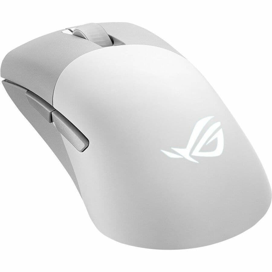 ASUS ROG Keris WL AimPoint white wireless gaming mouse showing ambidextrous shape and RGB lighting