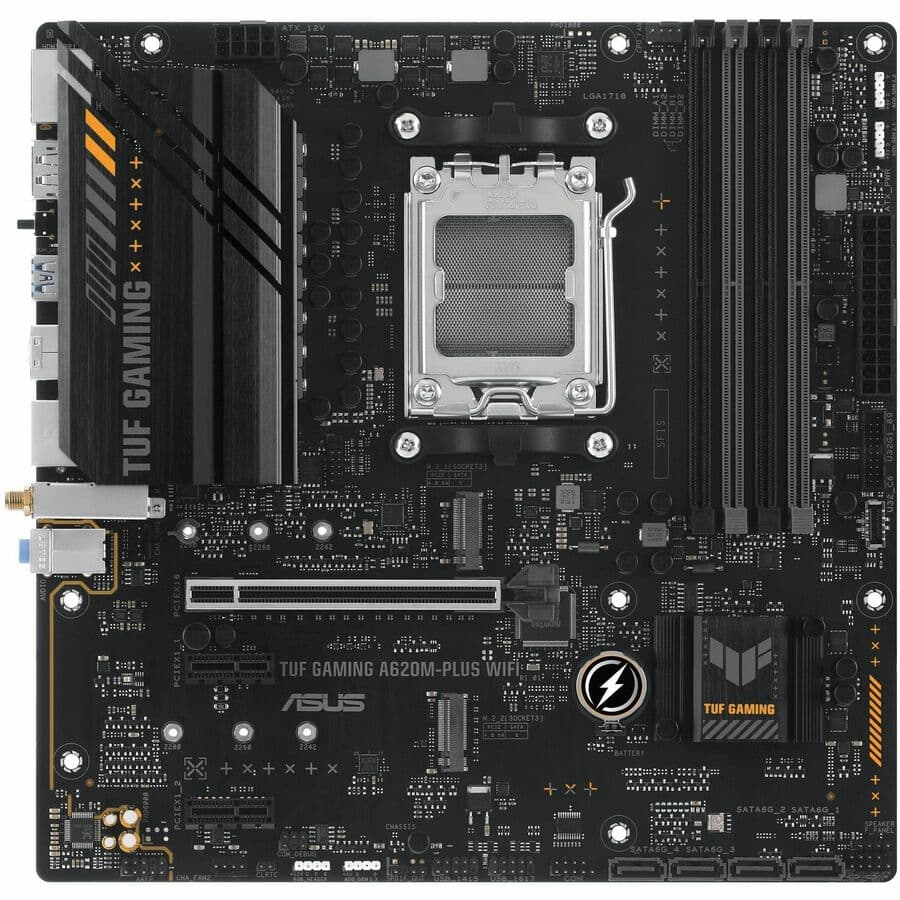 ASUS TUF GAMING A620M-PLUS WIFI microATX motherboard with AM5 socket, DDR5, and dual M.2 slots