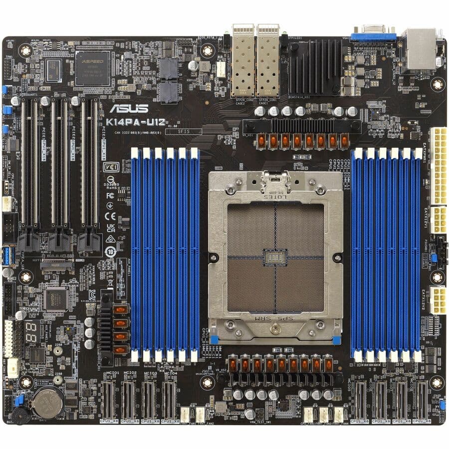 ASUS K14PA-U12 server motherboard for AMD EPYC with dual 25 GbE LAN and 12 DDR5 DIMM slots