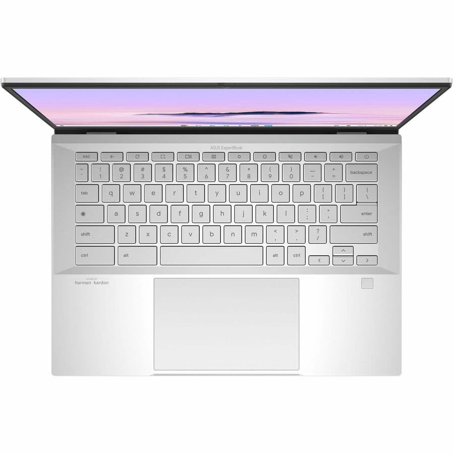 ASUS Chromebook Plus Enterprise silver laptop with 14-inch WQXGA display, Intel Core Ultra 5 115U, 8 GB RAM, and 256 GB SSD