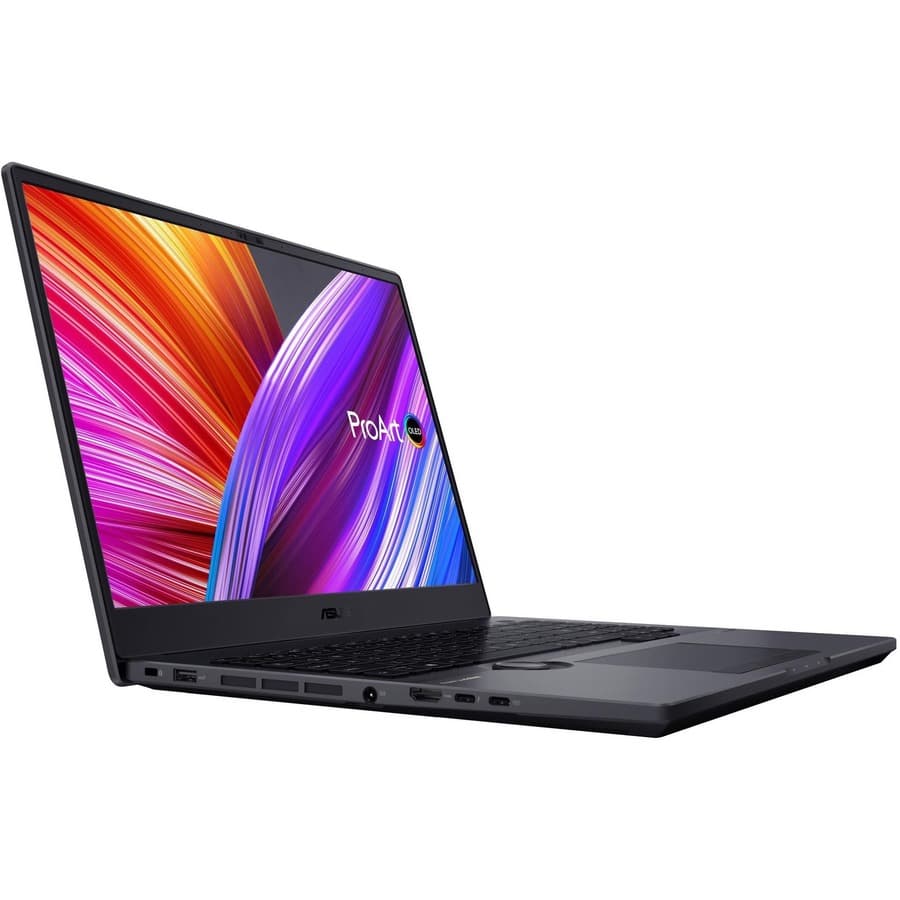ASUS workstation laptop with 16-inch OLED WQUXGA display, Intel Core i7-12700H processor, and NVIDIA graphics