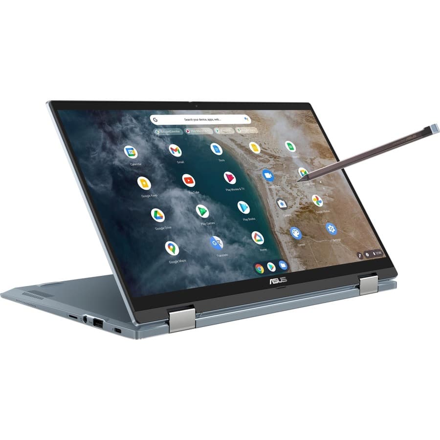 ASUS Chromebook Plus Enterprise 14-inch laptop with Intel Core Ultra 5, WQXGA display, and silver chassis