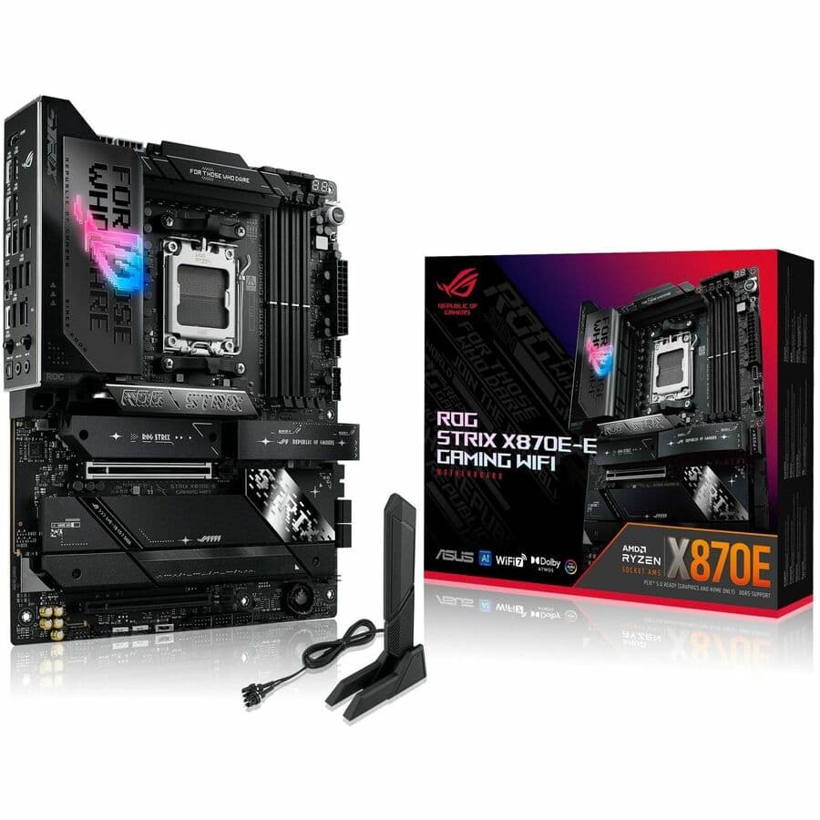 ASUS ROG Strix X870E-E Gaming WiFi ATX motherboard with DDR5 support and WiFi 7