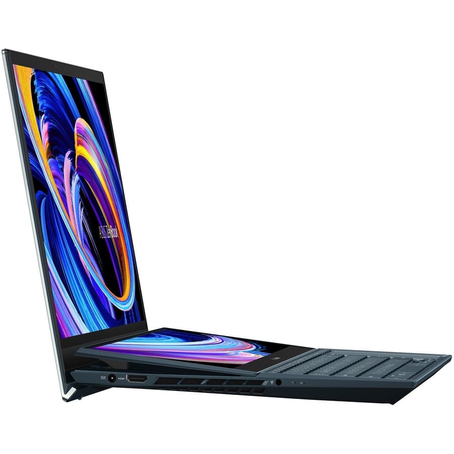 ASUS Zenbook Pro Duo 15 OLED laptop with ScreenPad Plus secondary display and dark chassis