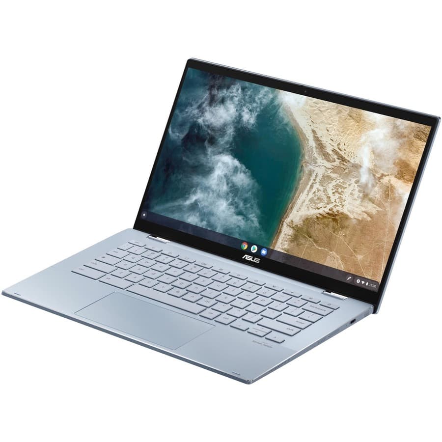 ASUS Chromebook Plus Enterprise 14-inch laptop with Intel Core Ultra 5, WQXGA display, and silver chassis