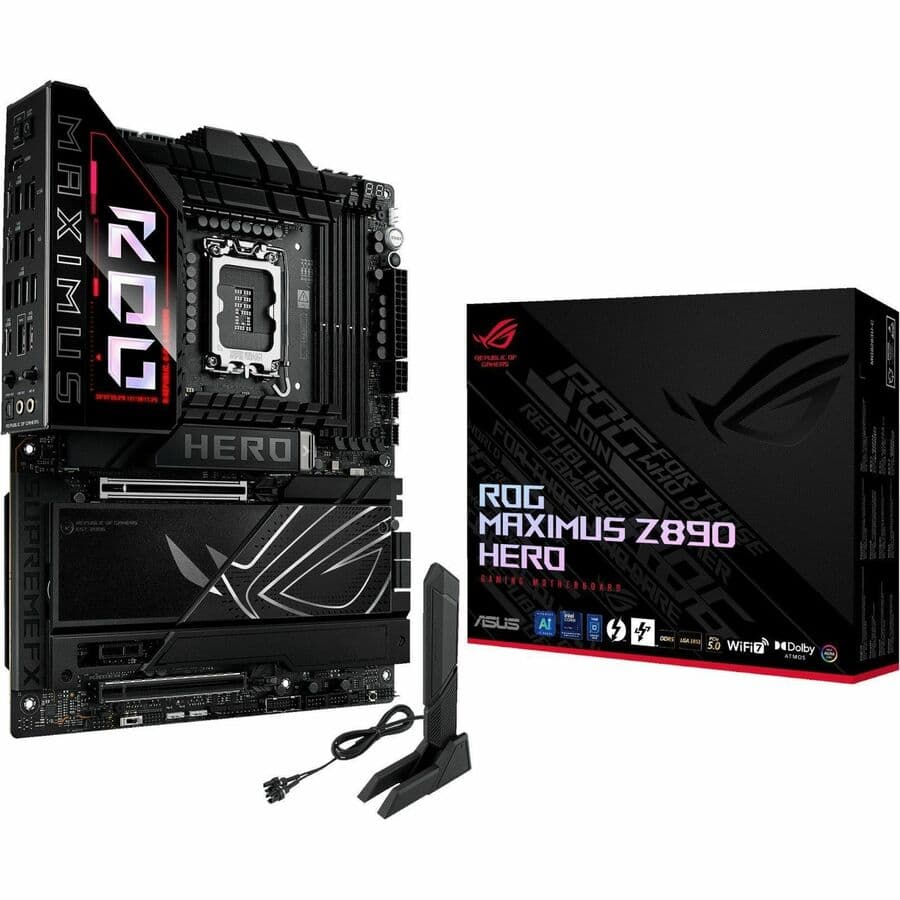 ASUS ROG MAXIMUS Z890 HERO ATX motherboard with LGA 1851, DDR5, WiFi 7, and 3 PCIe 5.0 M.2 slots