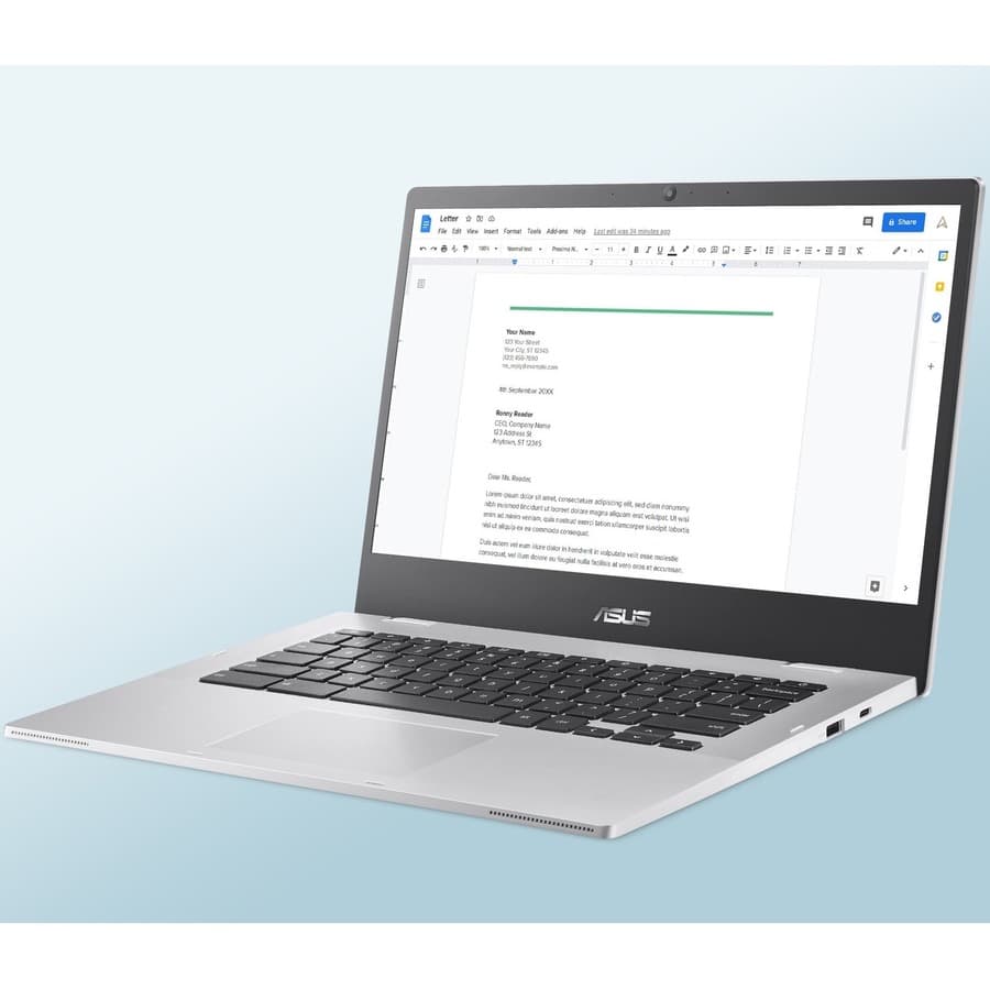 ASUS Chromebook in silver with 14-inch HD non-touch display, Intel N4500, 4 GB RAM, and 64 GB storage