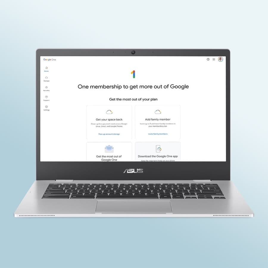 ASUS Chromebook in silver with 14-inch HD non-touch display, Intel N4500, 4 GB RAM, and 64 GB storage
