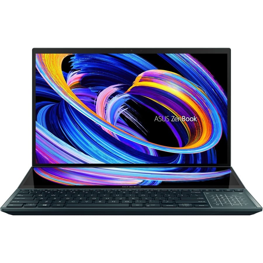 ASUS Zenbook Pro Duo 15 OLED laptop with ScreenPad Plus secondary display and dark chassis