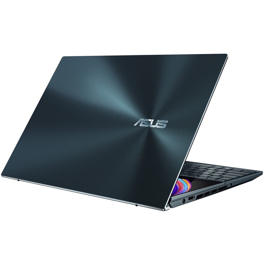 ASUS Zenbook Pro Duo 15 OLED laptop with ScreenPad Plus secondary display and dark chassis