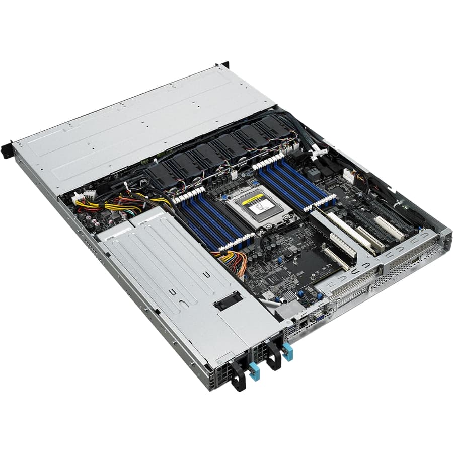 ASUS RS500A-E9-RS4-U rack server with AMD EPYC SP3 support, DDR4 DIMM slots, M.2, and hot-swap 3.5 in bays