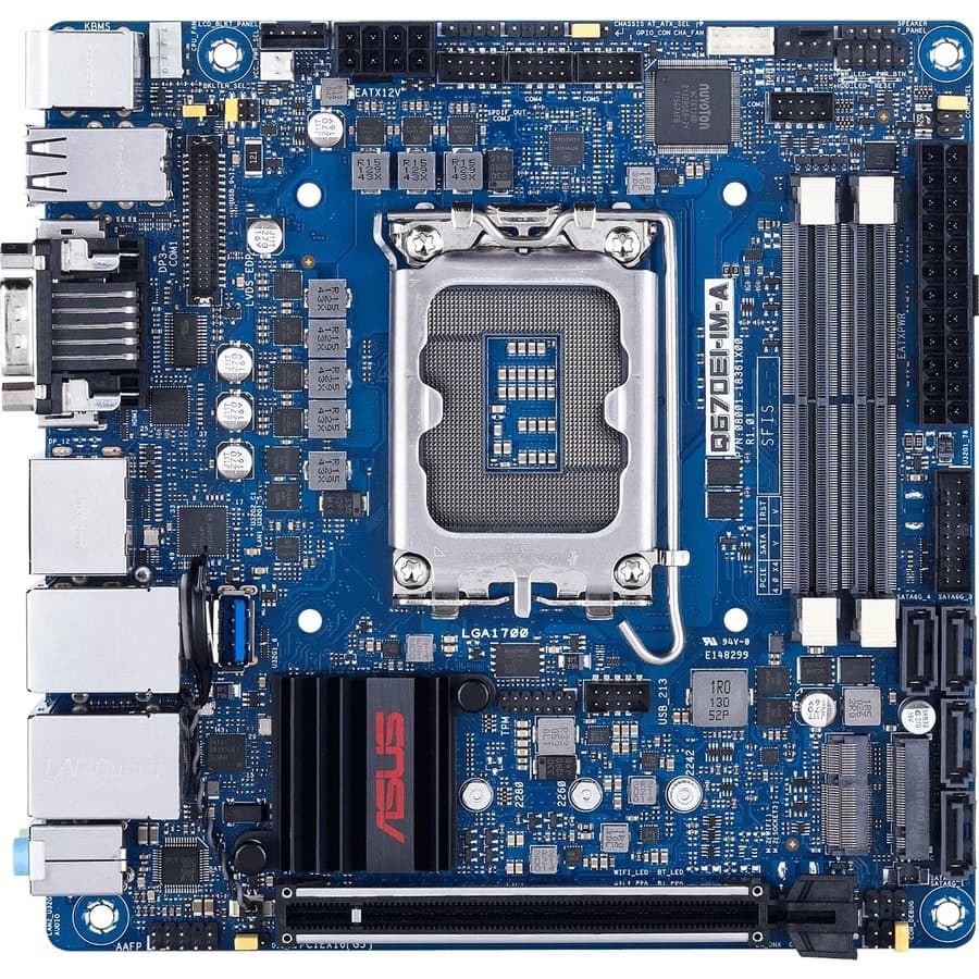 ASUS Q670EI IM A Mini-ITX motherboard with LGA1700 socket, DDR5 SO-DIMM support, and display outputs