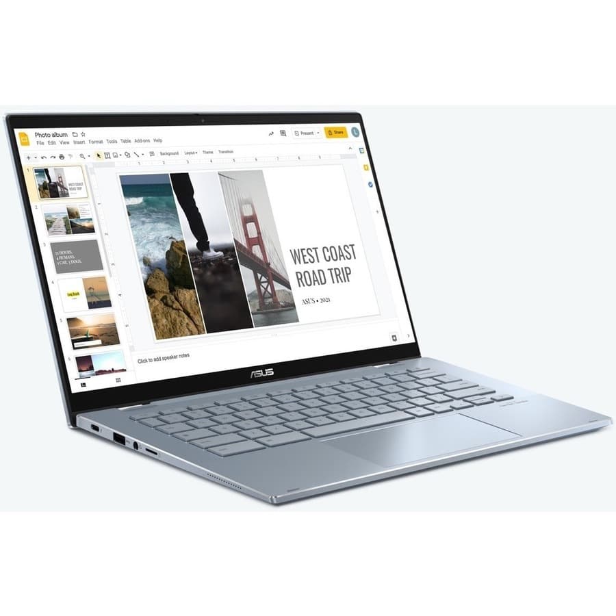 ASUS Chromebook Plus Enterprise 14-inch laptop with Intel Core Ultra 5, WQXGA display, and silver chassis