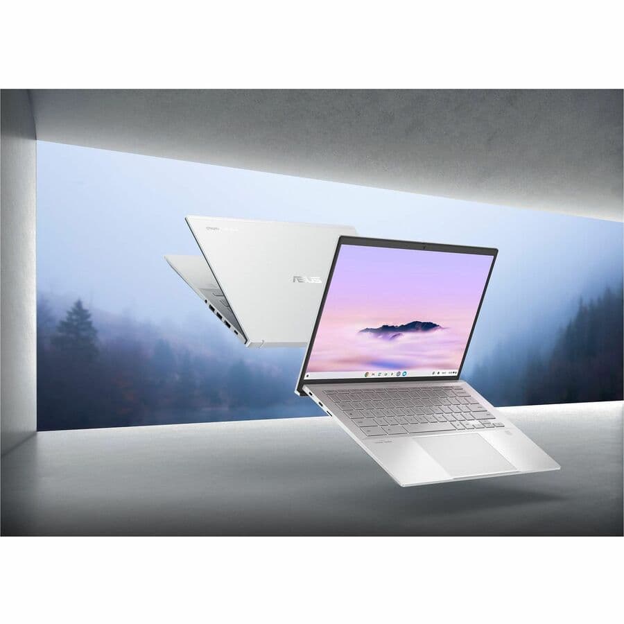 ASUS Chromebook Plus Enterprise silver laptop with 14-inch WQXGA display, Intel Core Ultra 5 115U, 8 GB RAM, and 256 GB SSD