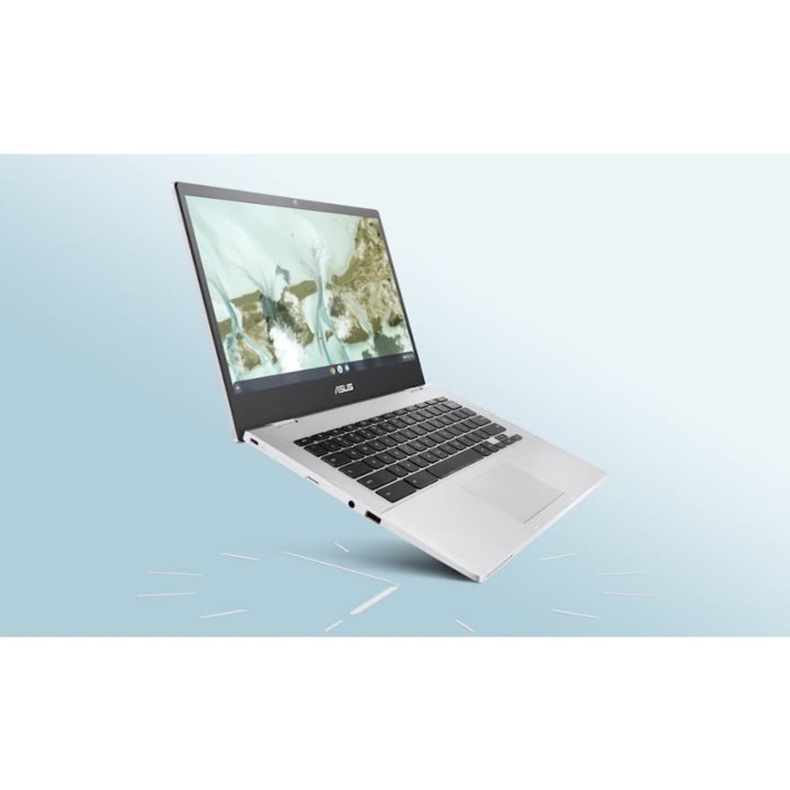 ASUS Chromebook in silver with 14-inch HD non-touch display, Intel N4500, 4 GB RAM, and 64 GB storage