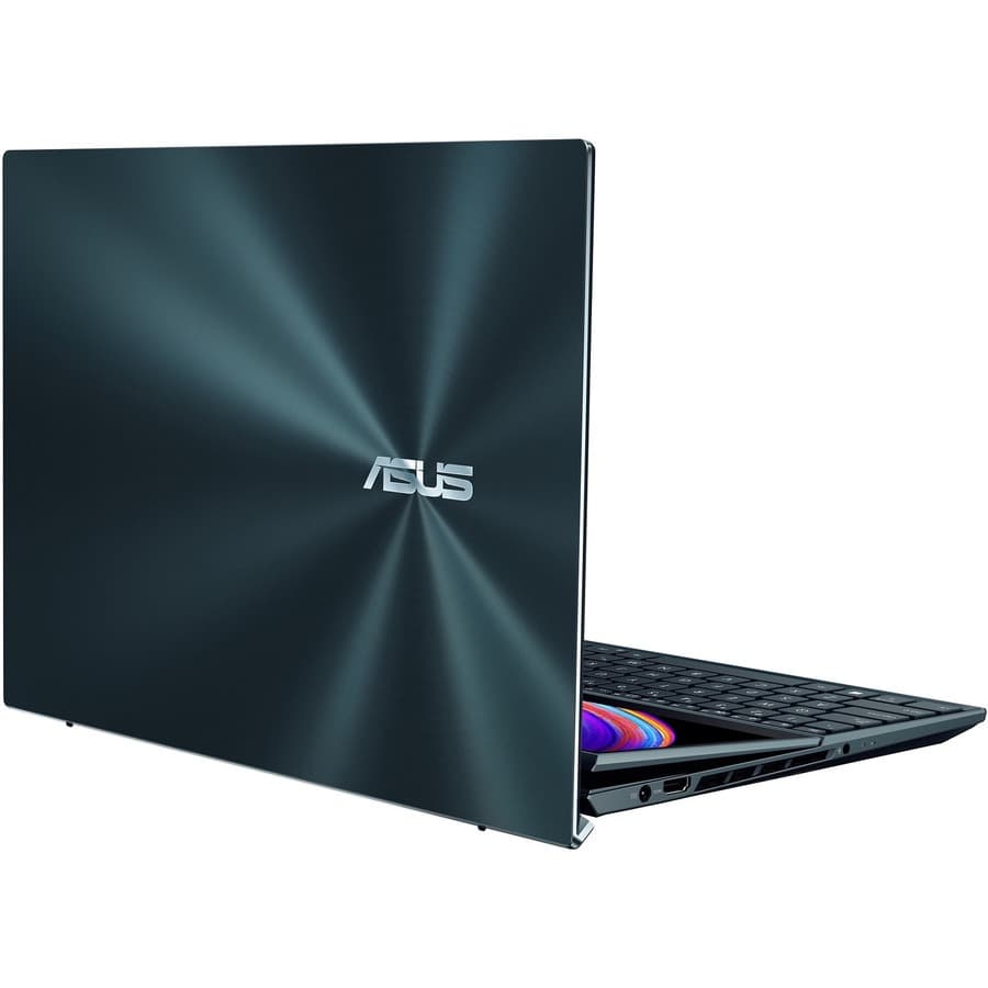 ASUS Zenbook Pro Duo 15 OLED laptop with ScreenPad Plus secondary display and dark chassis