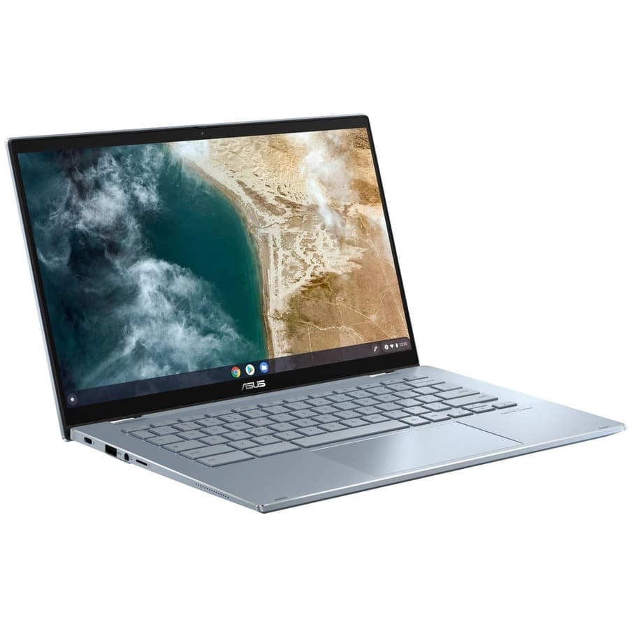 ASUS Chromebook Plus Enterprise 14-inch laptop with Intel Core Ultra 5, WQXGA display, and silver chassis