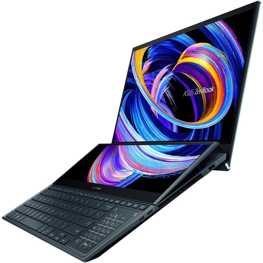 ASUS Zenbook Pro Duo 15 OLED laptop with ScreenPad Plus secondary display and dark chassis