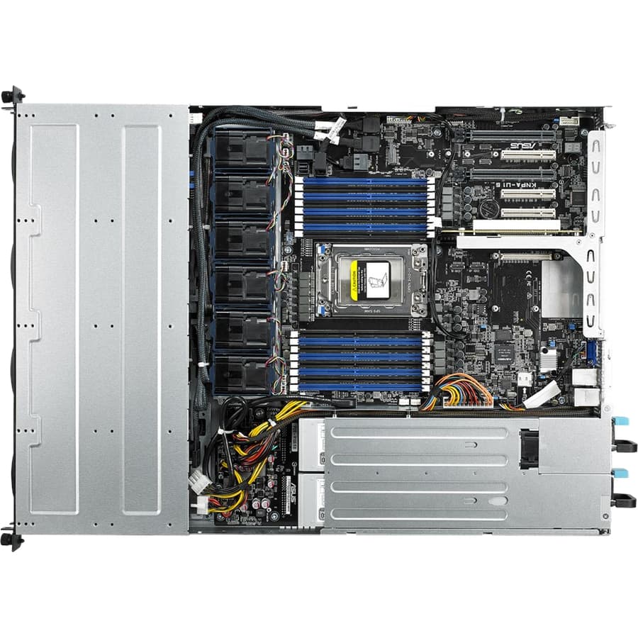 ASUS RS500A-E9-RS4-U rack server with AMD EPYC SP3 support, DDR4 DIMM slots, M.2, and hot-swap 3.5 in bays