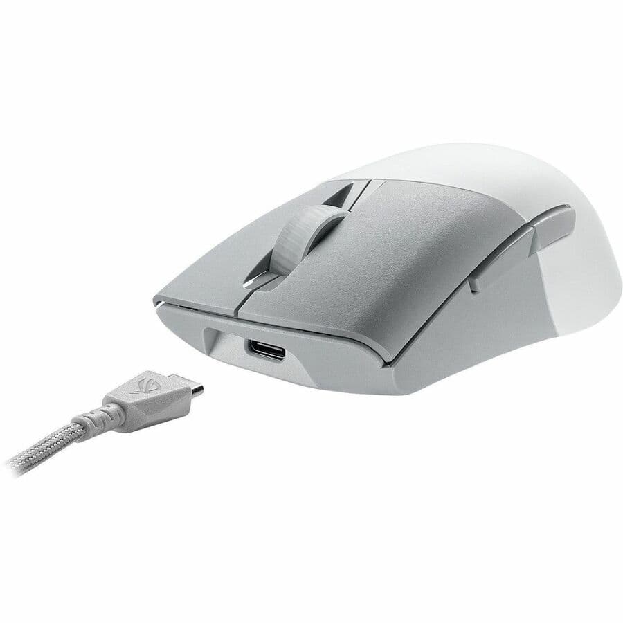 ASUS ROG Keris WL AimPoint white wireless gaming mouse showing ambidextrous shape and RGB lighting