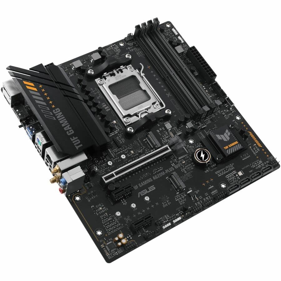 ASUS TUF GAMING A620M-PLUS WIFI microATX motherboard with AM5 socket, DDR5, and dual M.2 slots