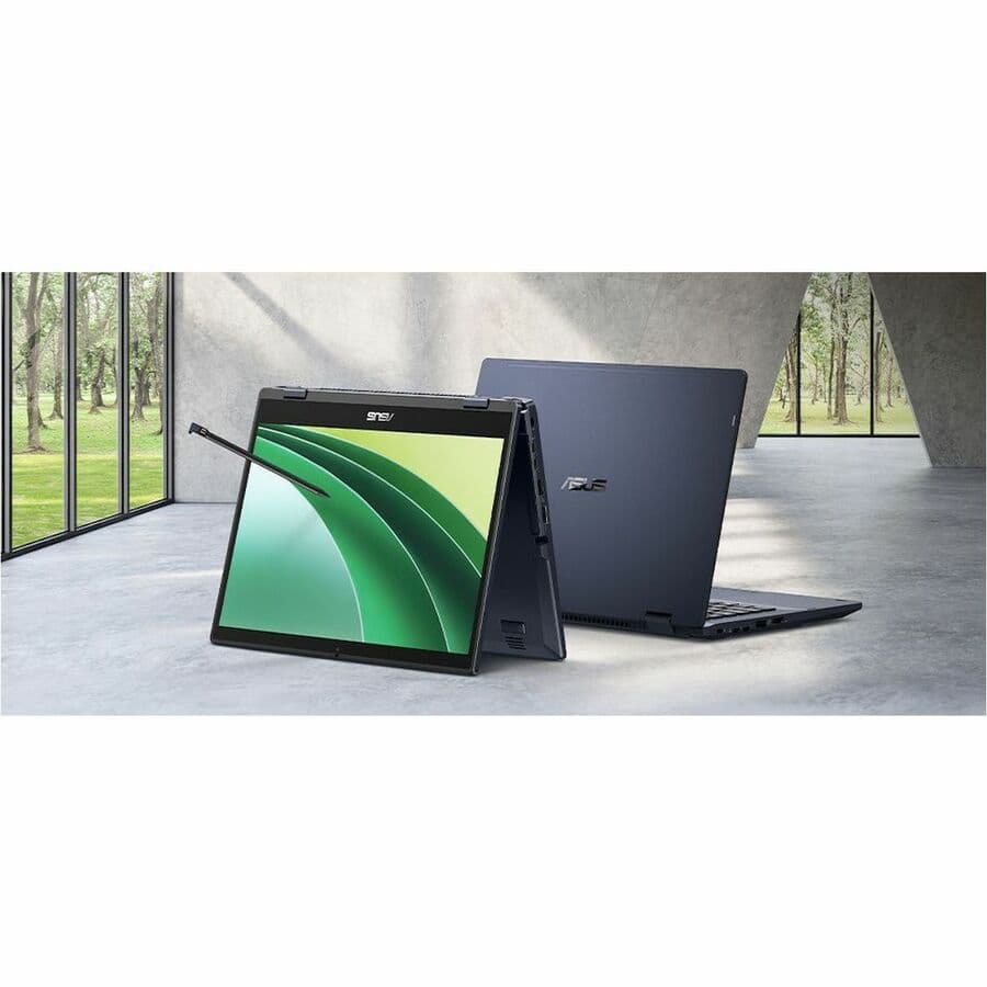 ASUS ExpertBook black business laptop with 14-inch FHD touchscreen, Ryzen 7 150U, 16 GB RAM, and 512 GB SSD