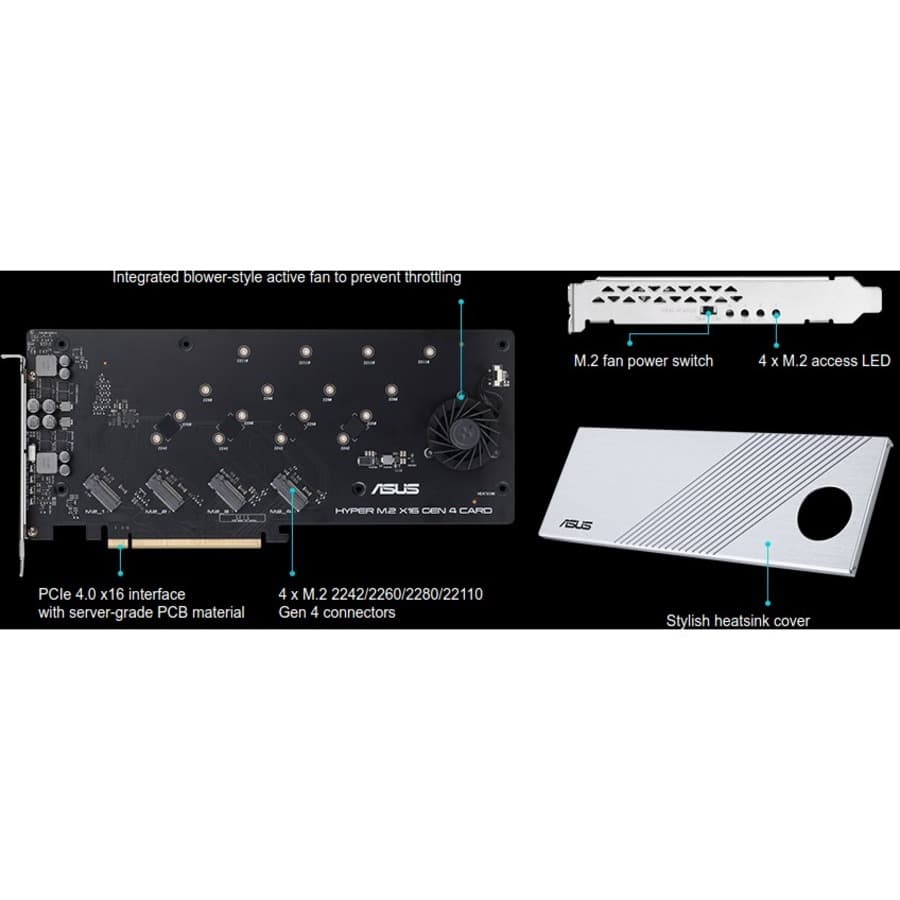 ASUS Hyper M.2 X16 Gen 4 Card PCIe 4.0 x16 expansion card with four M.2 NVMe slots