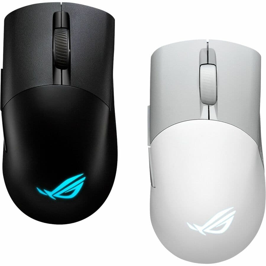 ASUS ROG Keris WL AimPoint white wireless gaming mouse showing ambidextrous shape and RGB lighting