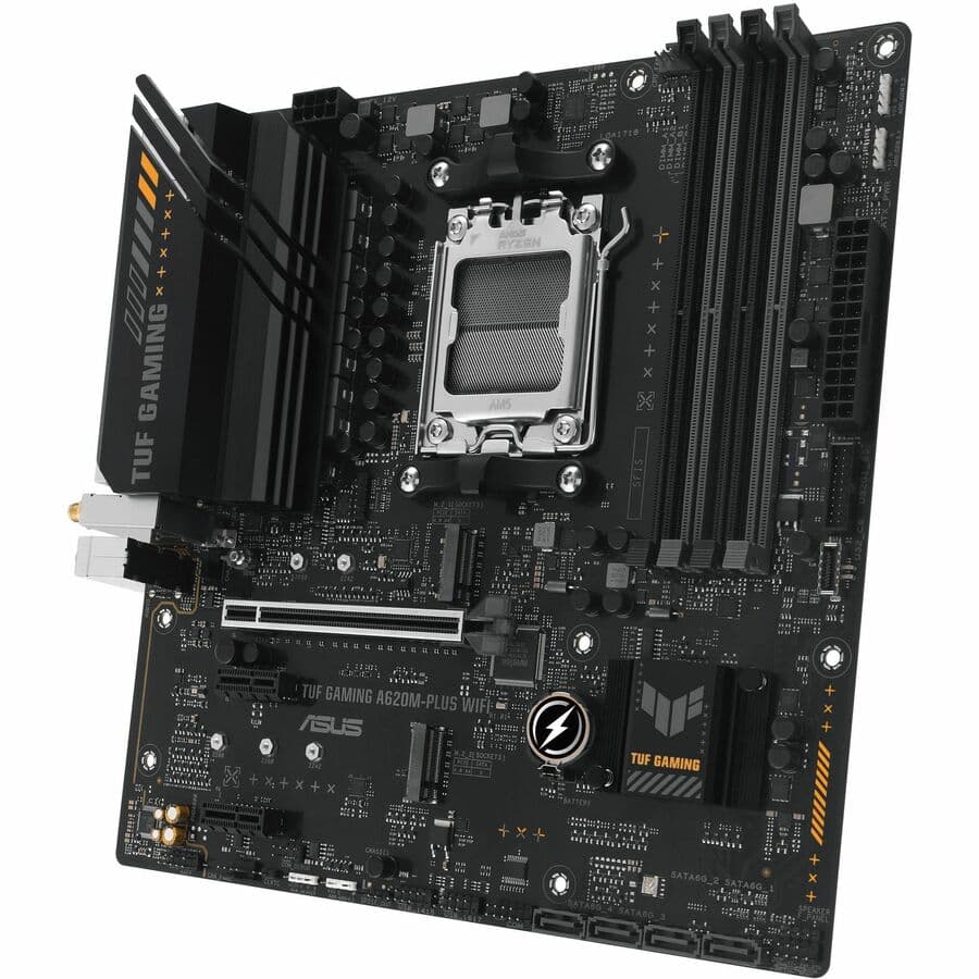 ASUS TUF GAMING A620M-PLUS WIFI microATX motherboard with AM5 socket, DDR5, and dual M.2 slots