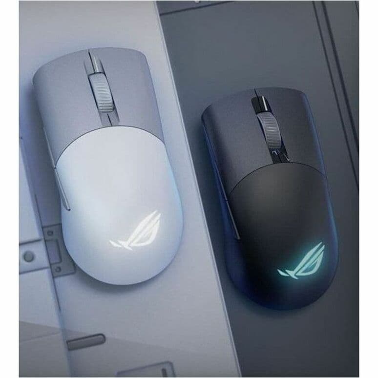 ASUS ROG Keris WL AimPoint white wireless gaming mouse showing ambidextrous shape and RGB lighting