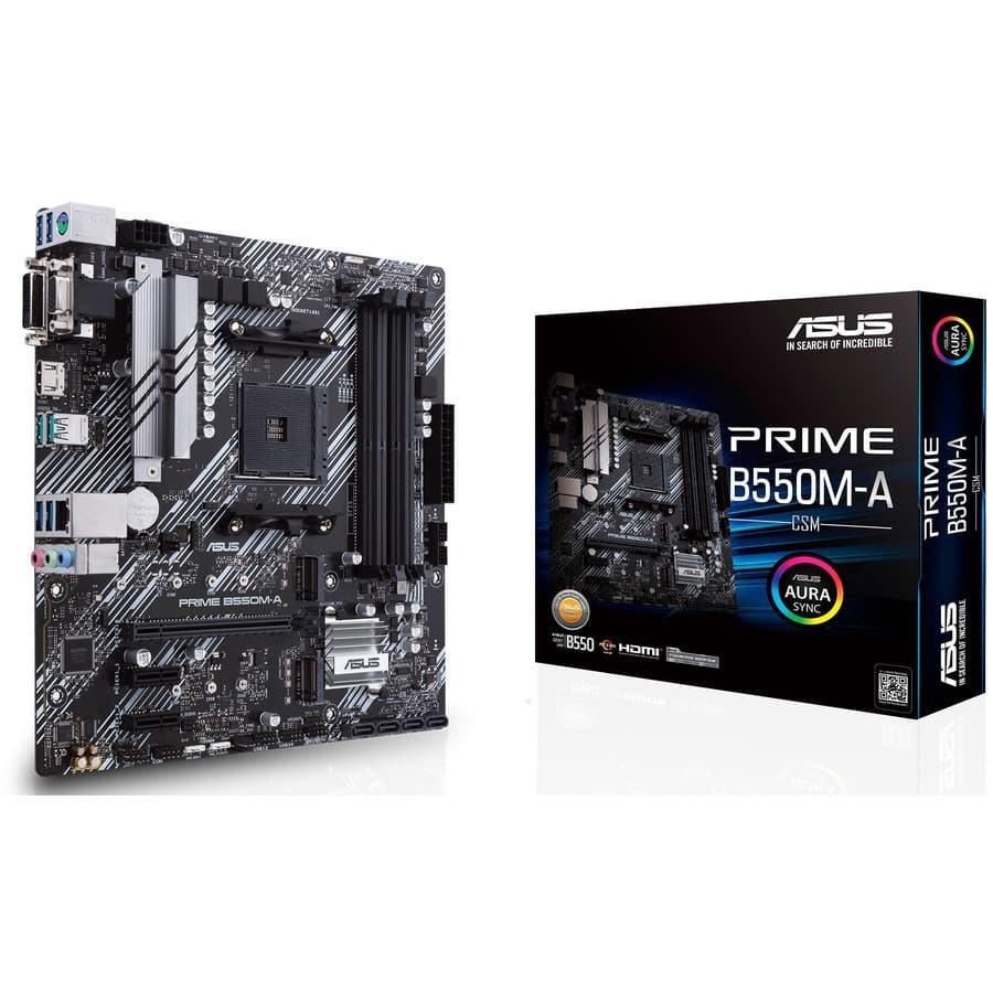 ASUS PRIME B550M-A/CSM Micro ATX motherboard with AMD B550 chipset and HDMI DVI outputs