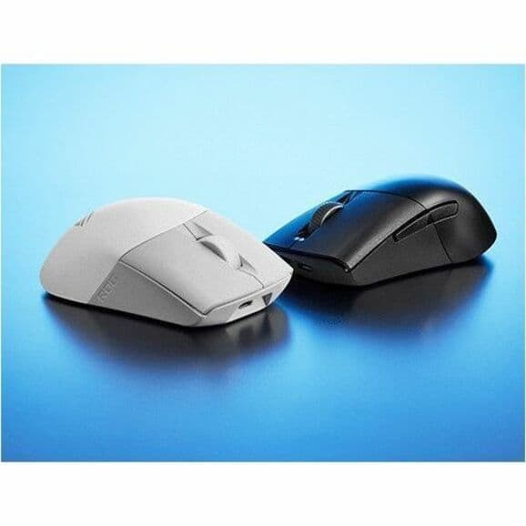 ASUS ROG Keris WL AimPoint white wireless gaming mouse showing ambidextrous shape and RGB lighting