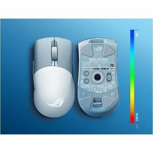 ASUS ROG Keris WL AimPoint white wireless gaming mouse showing ambidextrous shape and RGB lighting