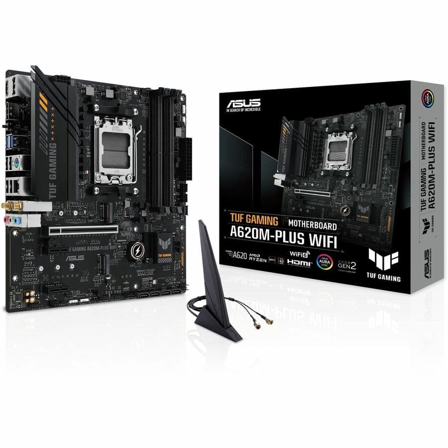 ASUS TUF GAMING A620M-PLUS WIFI microATX motherboard with AM5 socket, DDR5, and dual M.2 slots