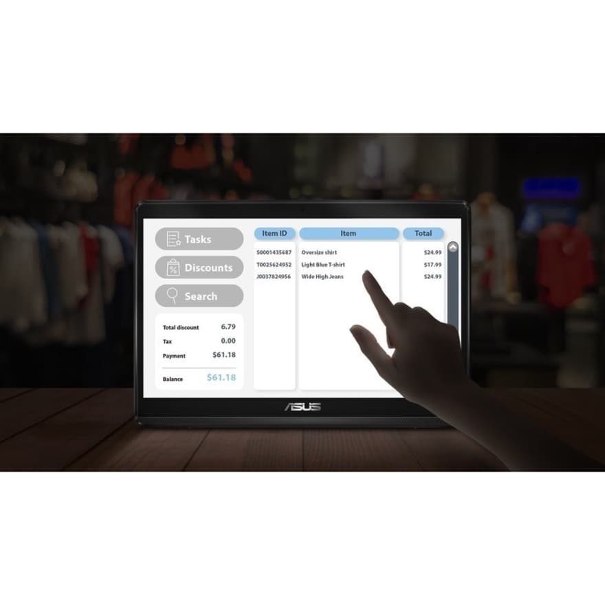 ASUS 15.6-inch all-in-one desktop with touchscreen, black finish, and compact business design