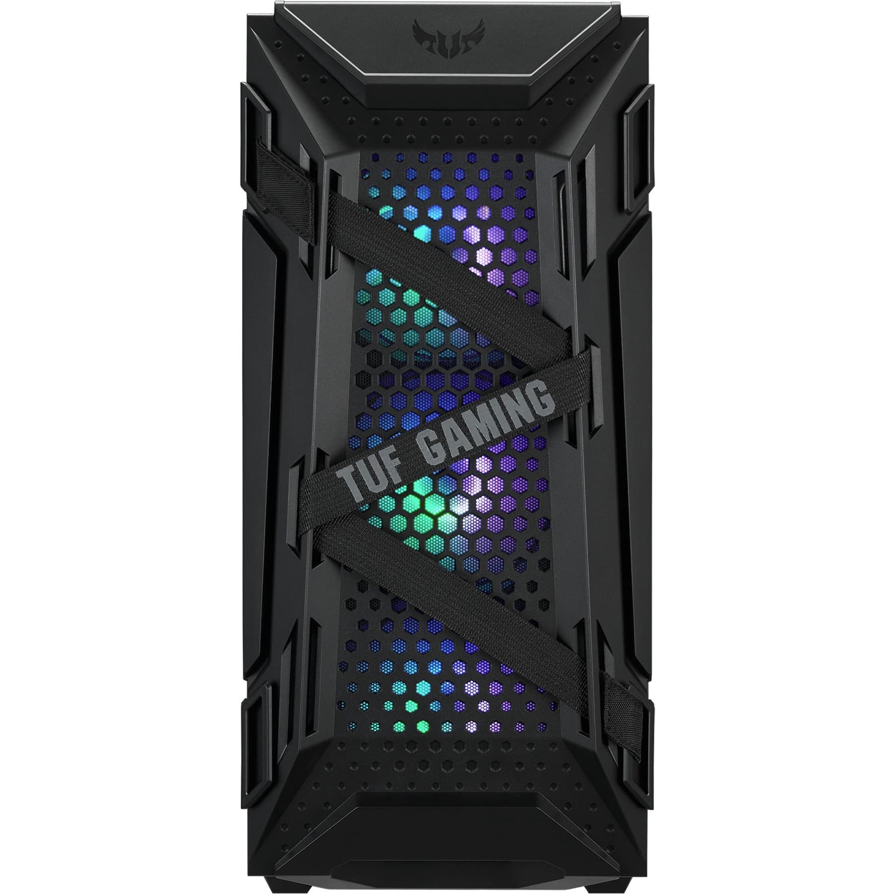 ASUS TUF Gaming GT301 black mid tower PC case with honeycomb front panel, ARGB fans, and USB 3.2 front I/O