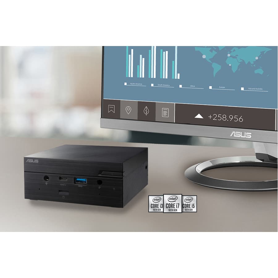 ASUS PN62S mini PC in black with Intel Core i7, HDMI 2.0, and Gigabit Ethernet for business use
