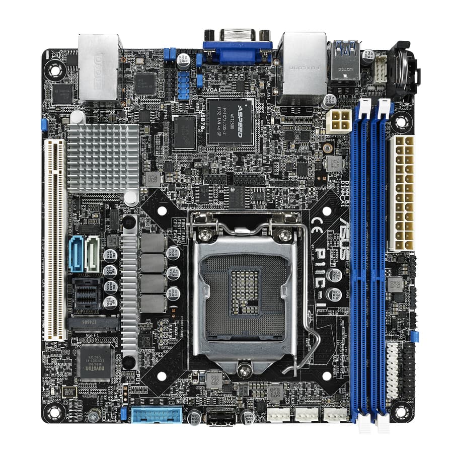 ASUS P11C-I Mini-ITX motherboard with LGA1151 socket, Intel C242 chipset, DDR4, Mini-SAS HD, and M.2