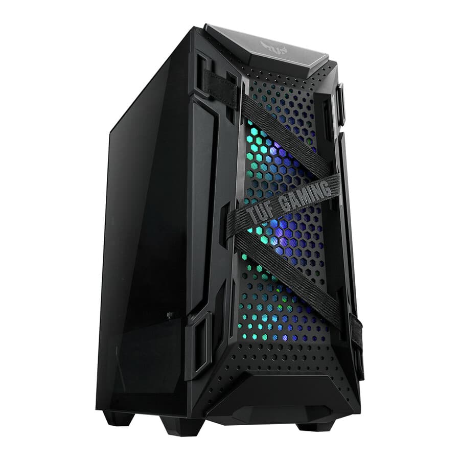 ASUS TUF Gaming GT301 black mid tower PC case with honeycomb front panel, ARGB fans, and USB 3.2 front I/O