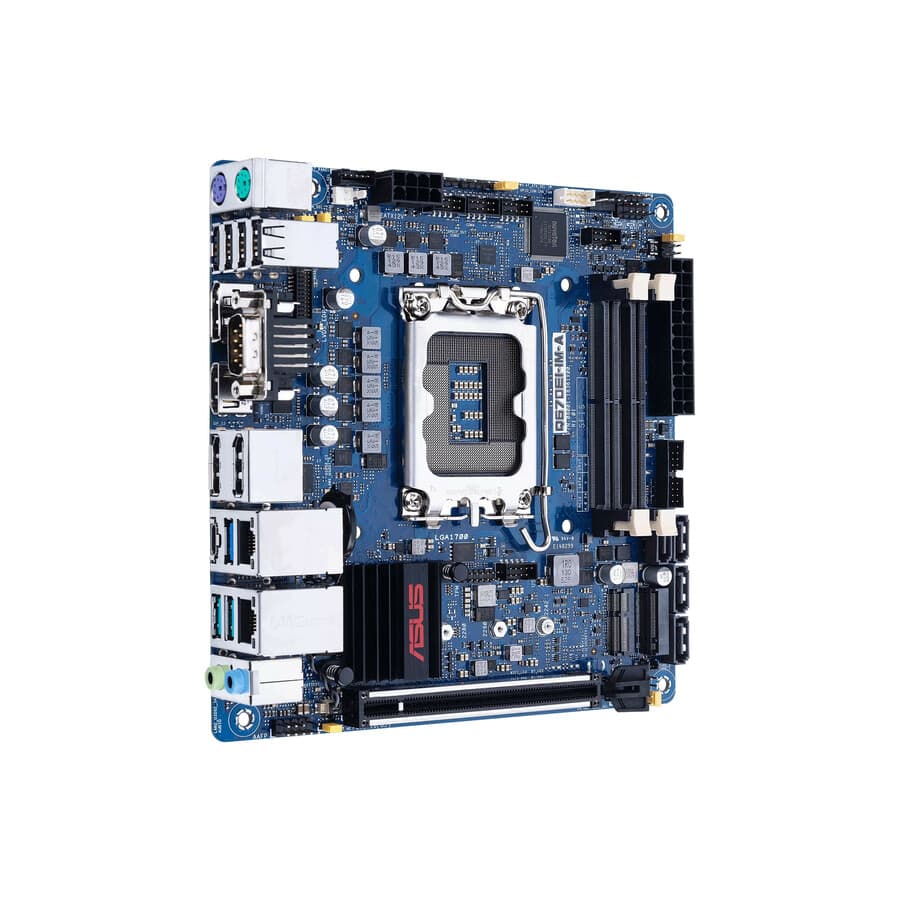 ASUS Q670EI IM A Mini-ITX motherboard with LGA1700 socket, DDR5 SO-DIMM support, and display outputs