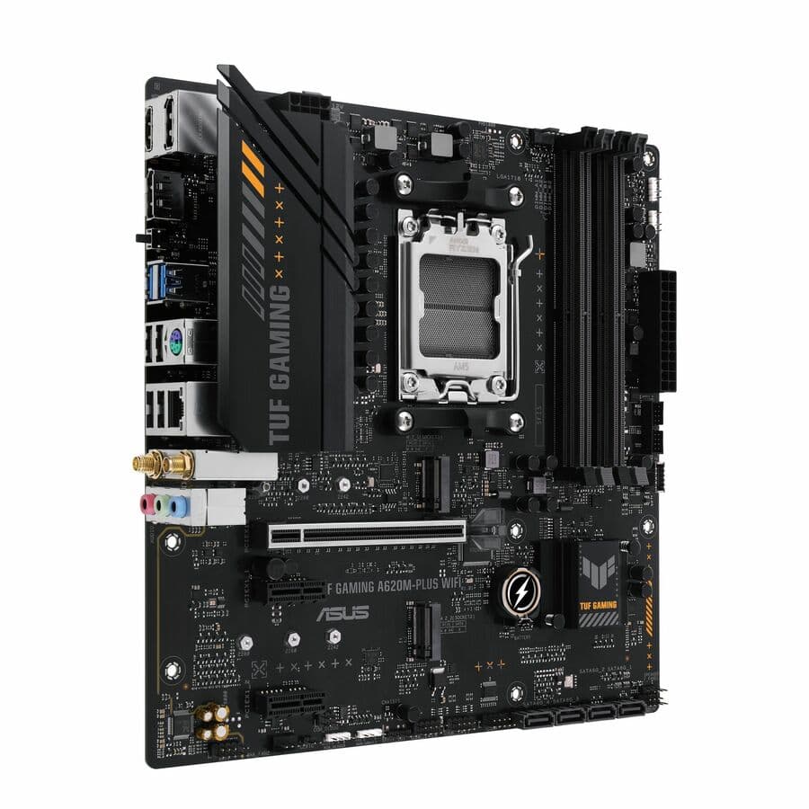 ASUS TUF GAMING A620M-PLUS WIFI microATX motherboard with AM5 socket, DDR5, and dual M.2 slots