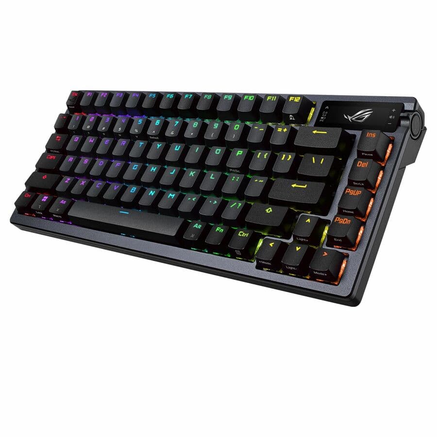 ASUS ROG Azoth 75% wireless mechanical keyboard with OLED display, PBT keycaps, and RGB lighting