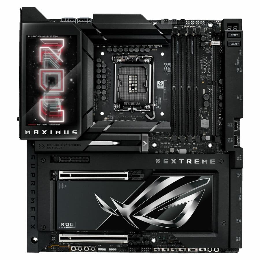 ASUS ROG MAXIMUS Z890 EXTREME E-ATX motherboard with 5-inch LCD screen and Intel Z890