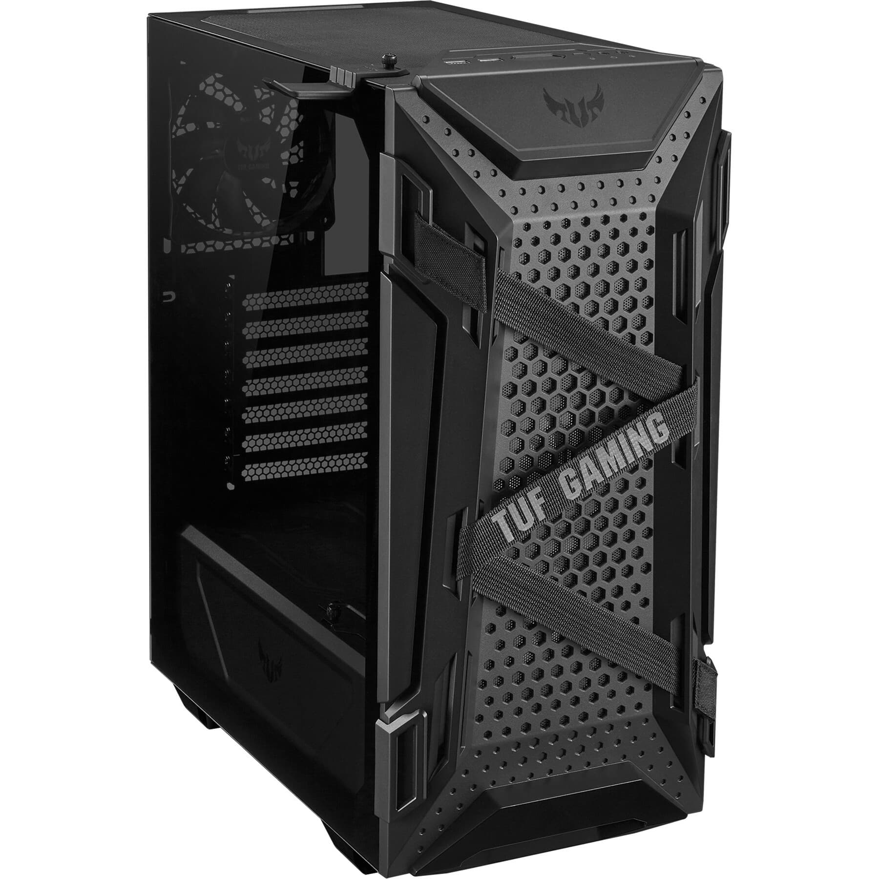 ASUS TUF Gaming GT301 black mid tower PC case with honeycomb front panel, ARGB fans, and USB 3.2 front I/O