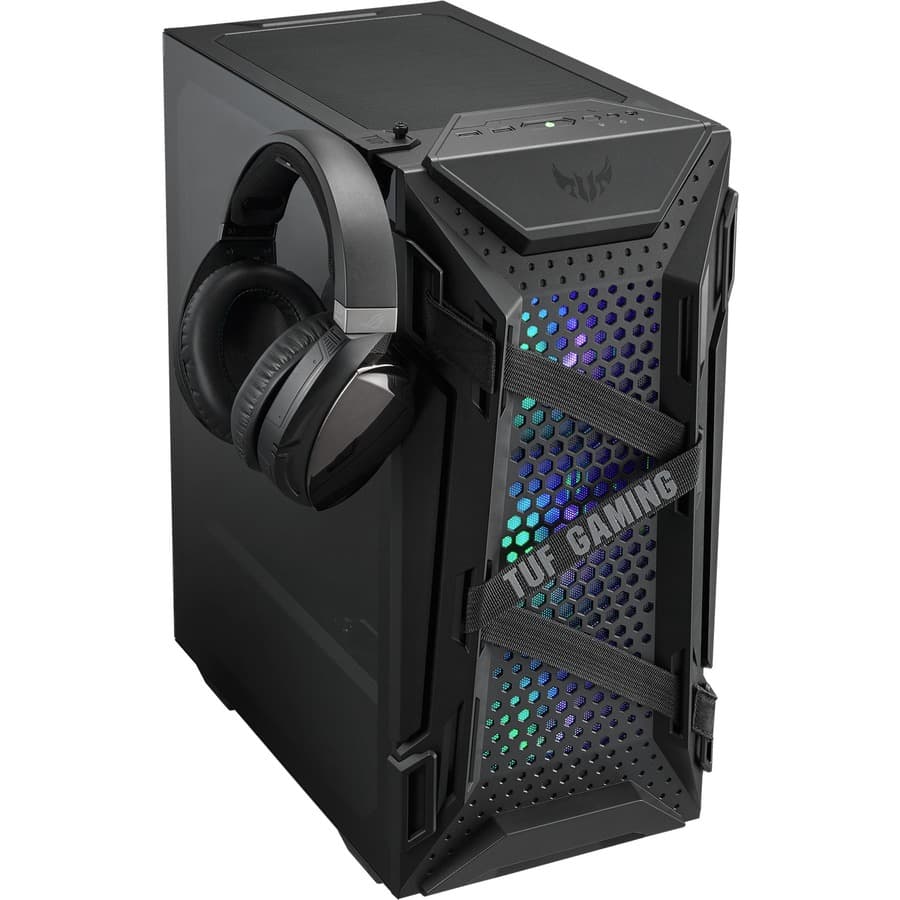ASUS TUF Gaming GT301 black mid tower PC case with honeycomb front panel, ARGB fans, and USB 3.2 front I/O