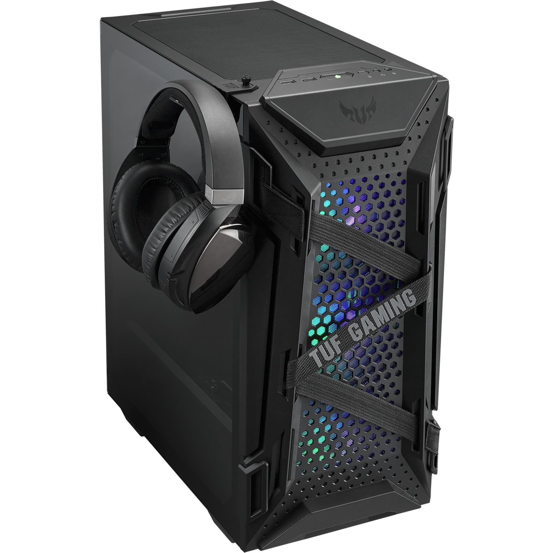 ASUS TUF Gaming GT301 black mid tower PC case with honeycomb front panel, ARGB fans, and USB 3.2 front I/O