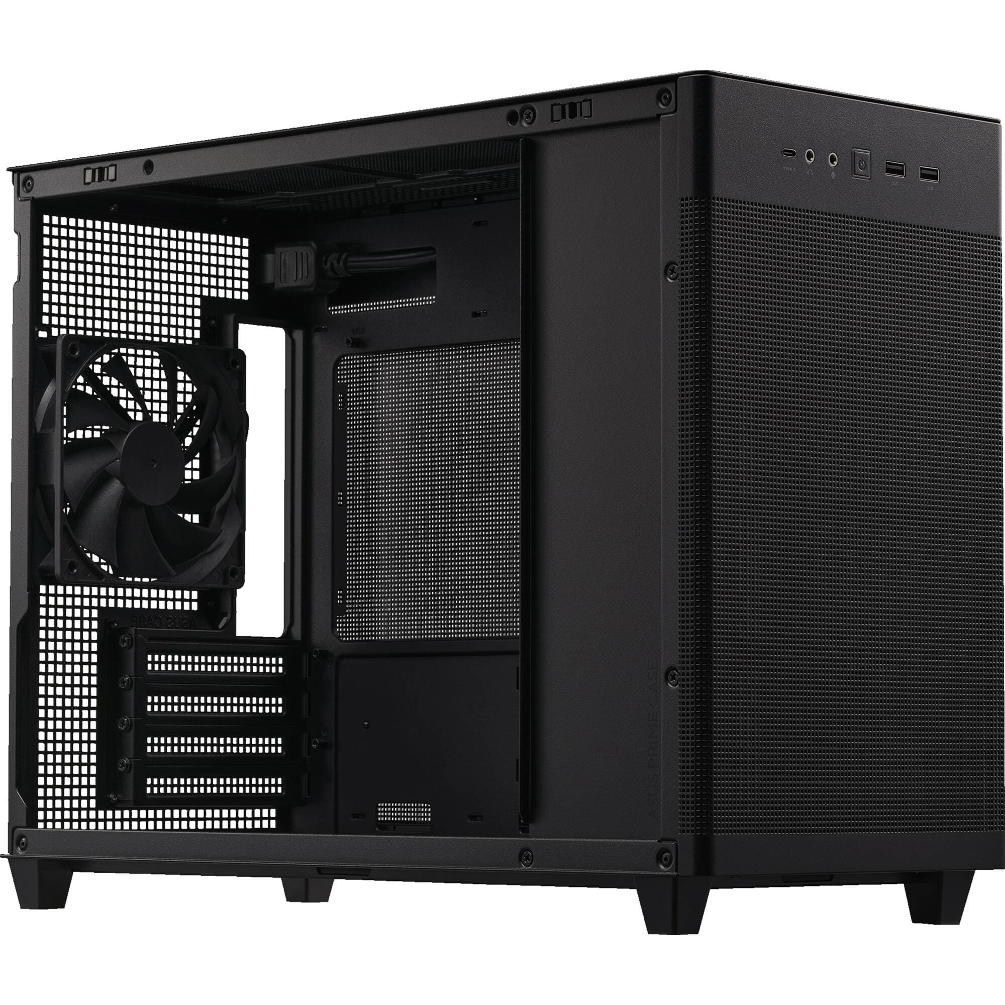 ASUS AP201 black mesh PC case for compact Micro-ATX builds with improved airflow