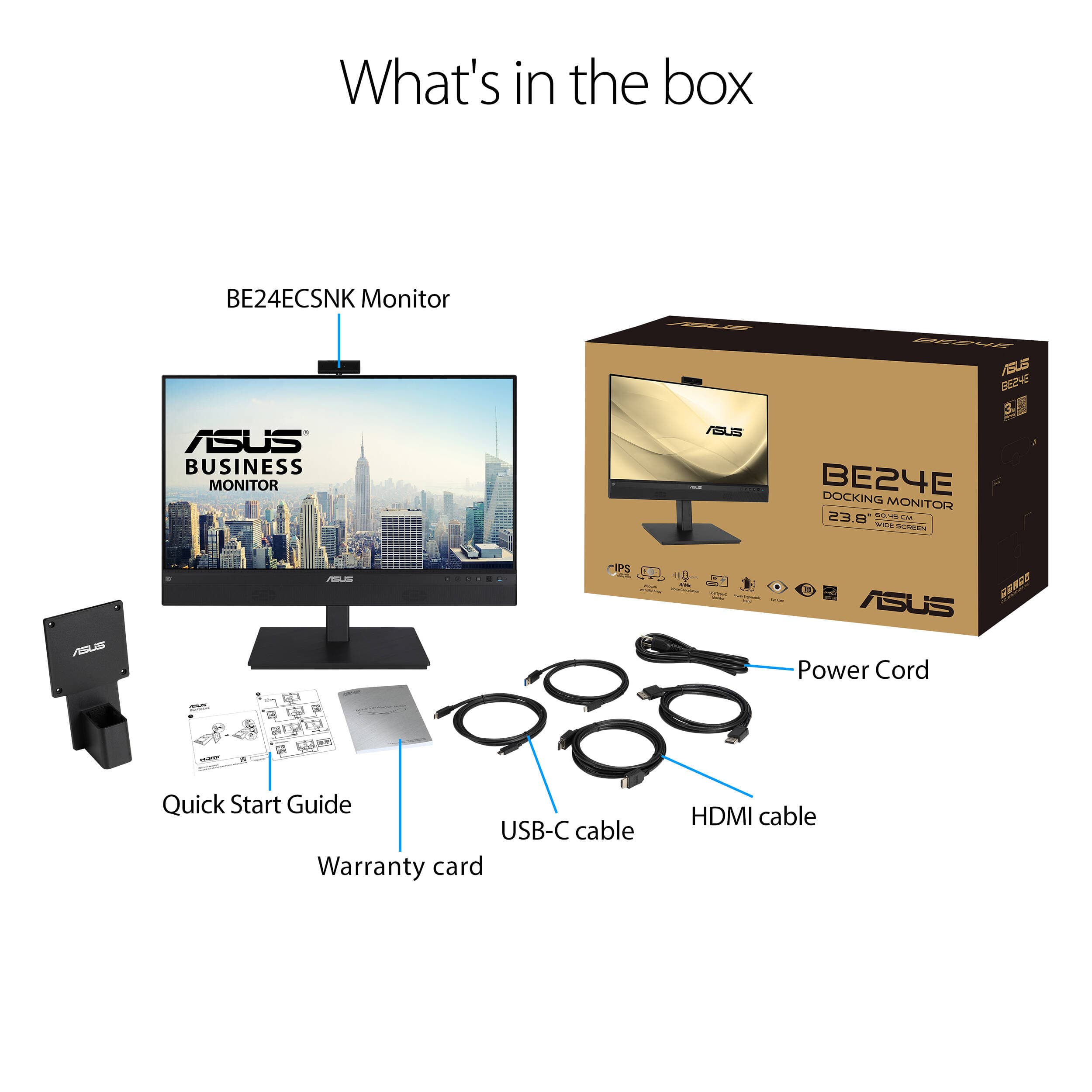 ASUS BE24ECSNK 23.8-inch Full HD IPS monitor with built-in webcam, microphone, USB-C docking, and height-adjustable stand