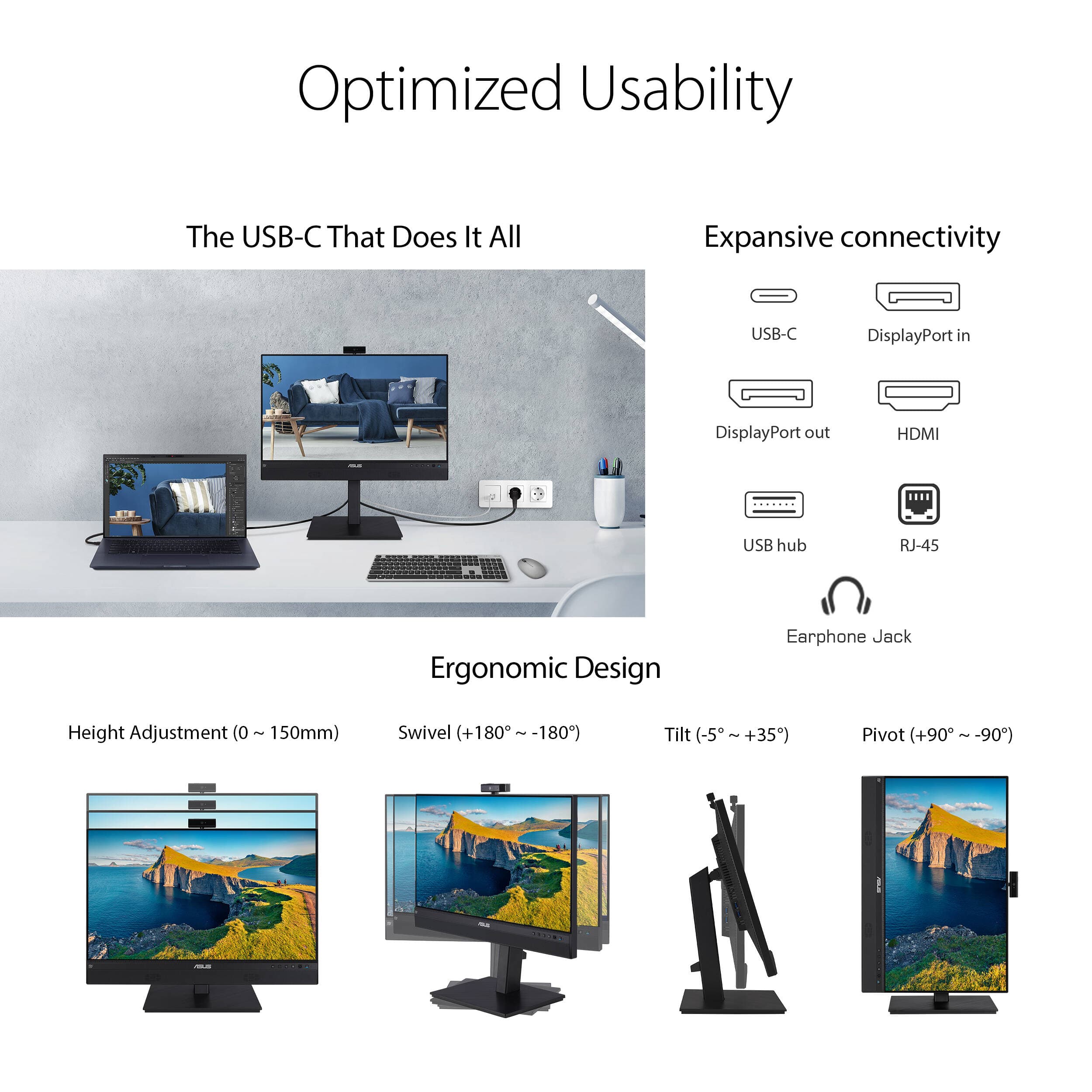 ASUS BE24ECSNK 23.8-inch Full HD IPS monitor with built-in webcam, microphone, USB-C docking, and height-adjustable stand